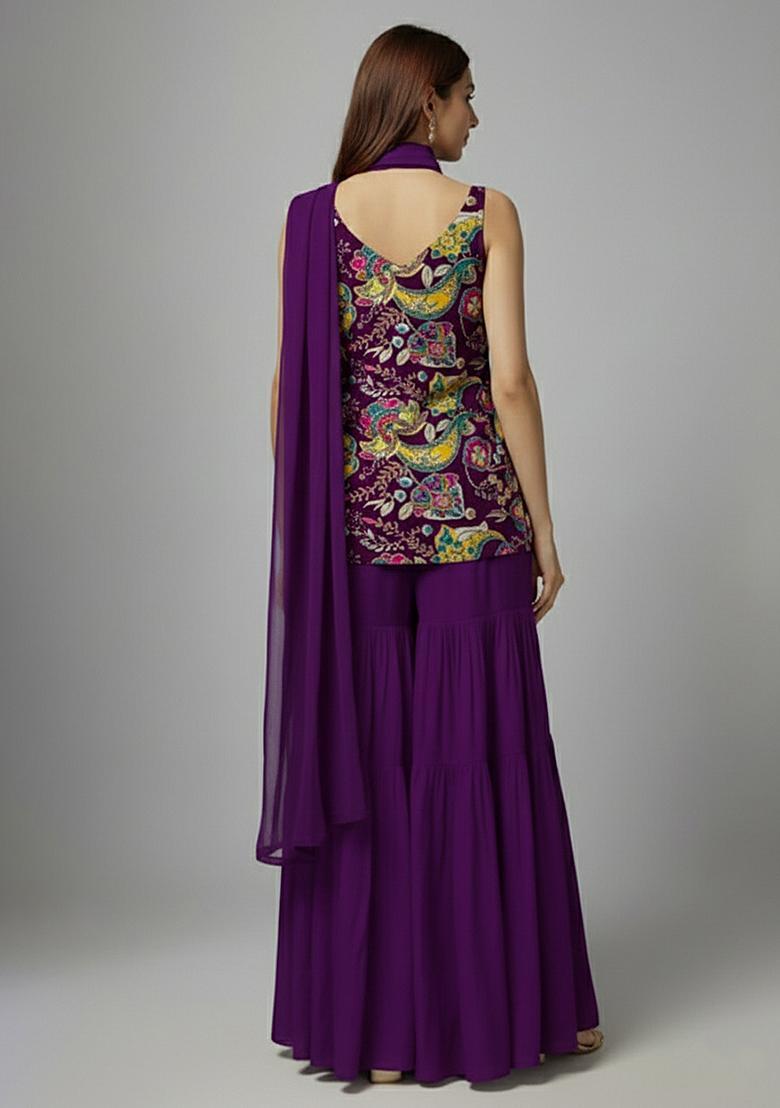 Purple Printed Crepe Sharara Set - Indya
