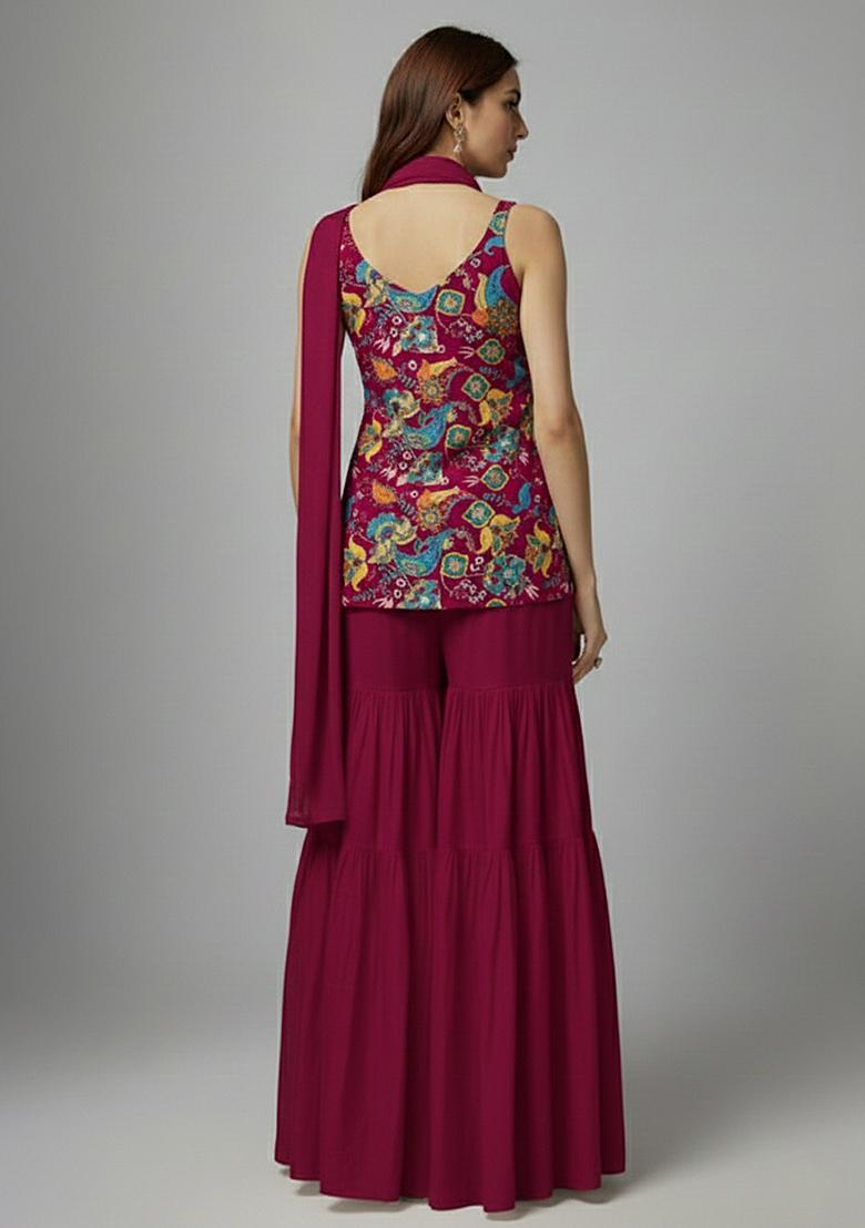 Rani Pink Printed Crepe Sharara Set - Indya