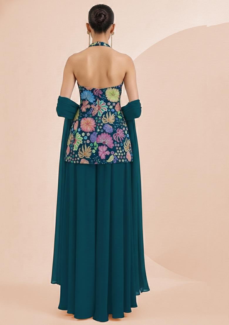 Teal Green Floral Print Chinon Sharara Set - Indya