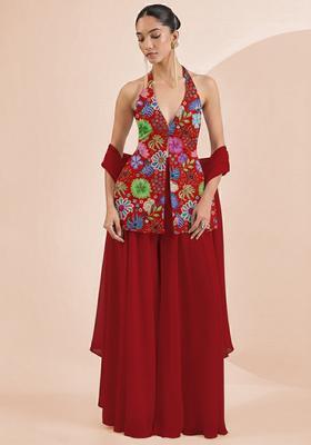 Bright Red Floral Print Chinon Sharara Set