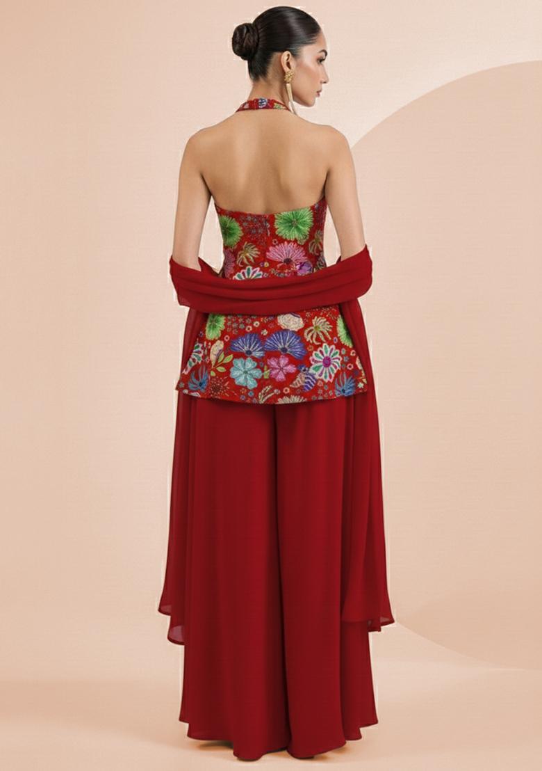 Bright Red Floral Print Chinon Sharara Set - Indya