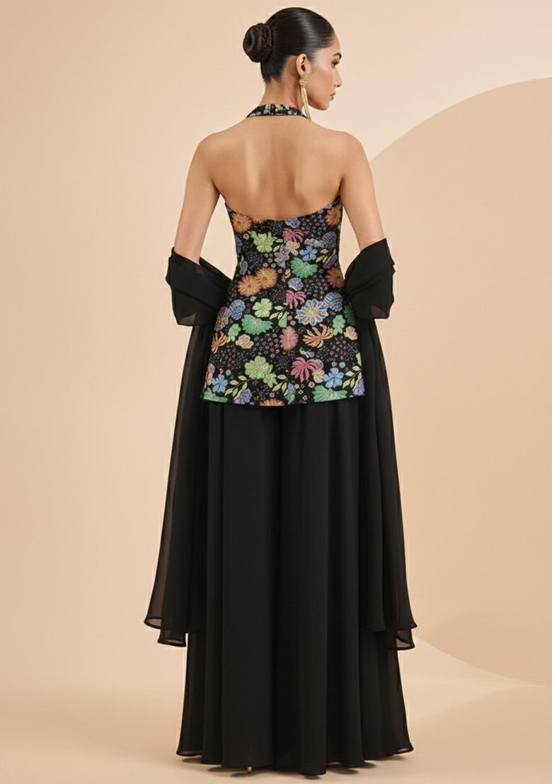 Black Floral Print Chinon Sharara Set - Indya