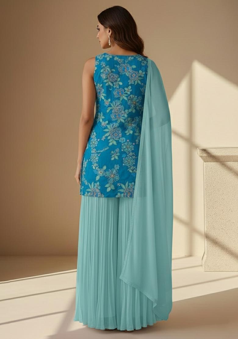 Sky Blue Floral Print Crepe Sharara Set - Indya