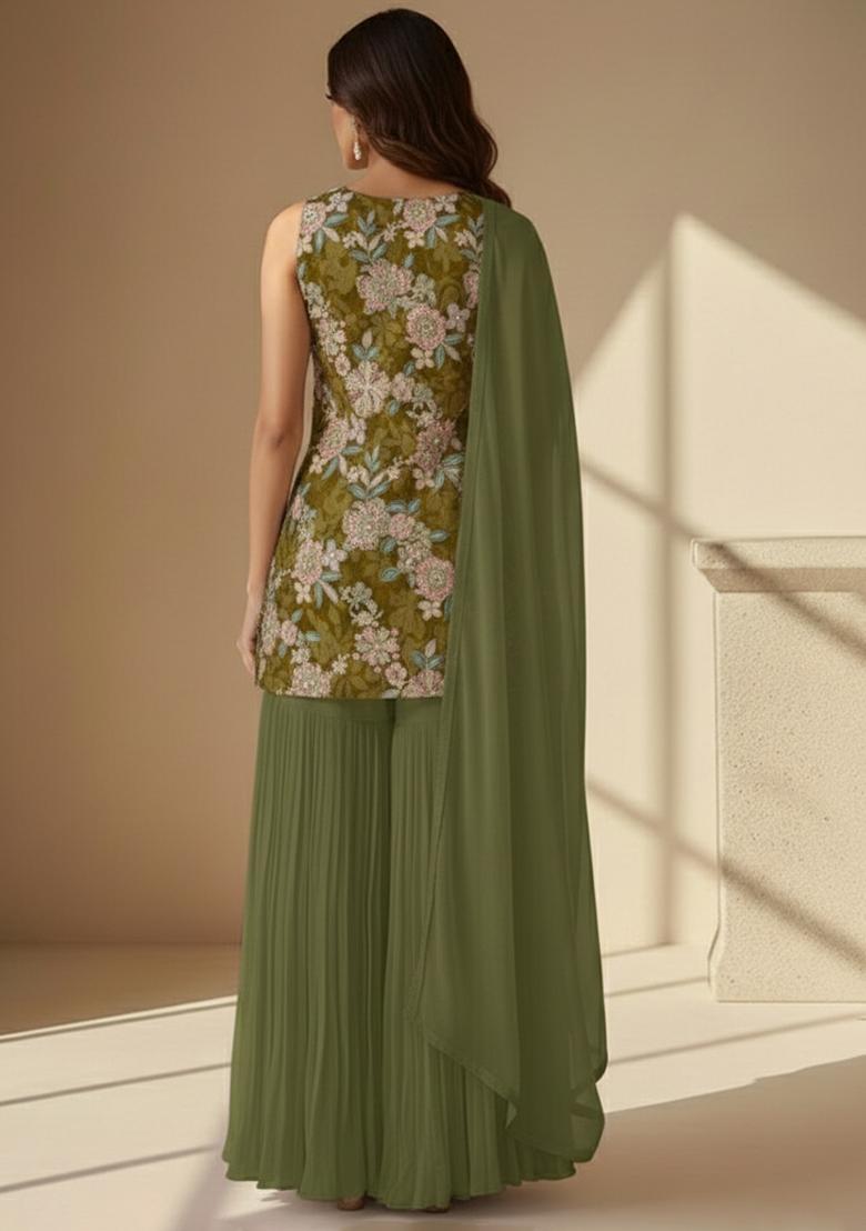 Olive Green Floral Print Crepe Sharara Set - Indya