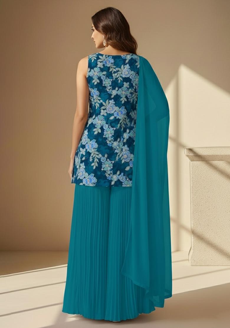 Aqua Blue Floral Print Crepe Sharara Set - Indya