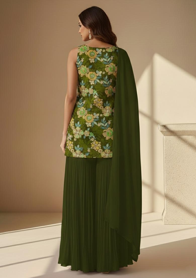 Olive Green Floral Print Crepe Sharara Set - Indya