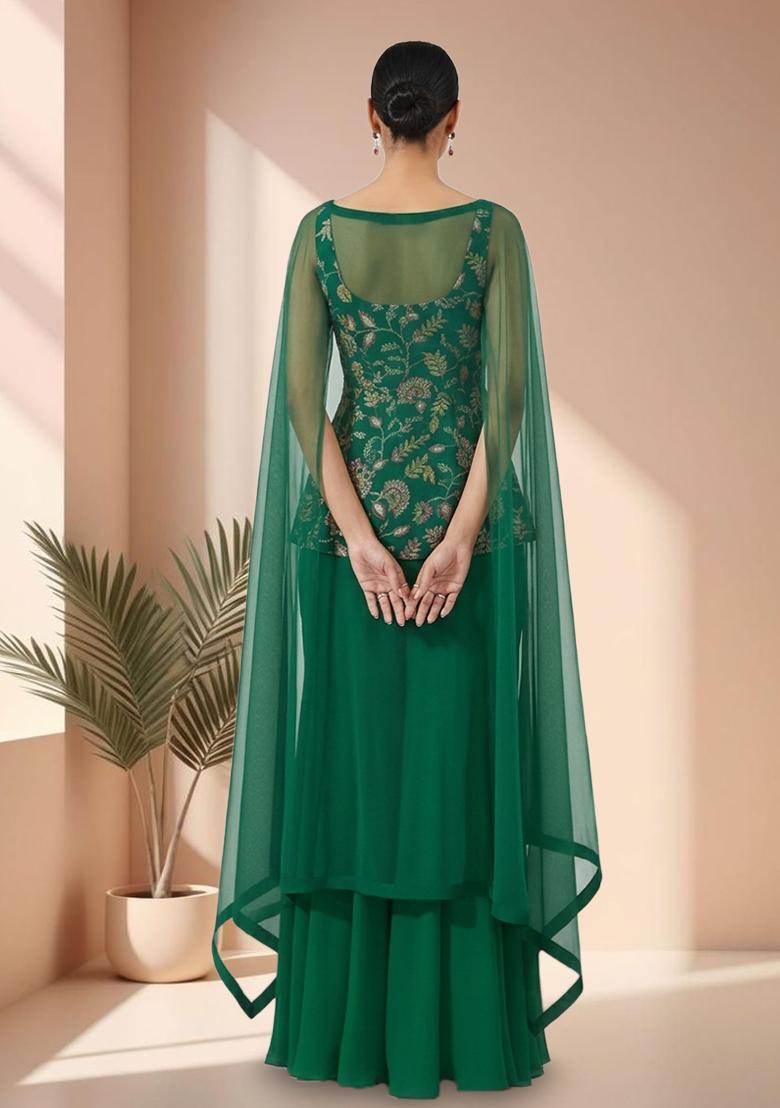 Emerald Green Floral Print Crepe Sharara Set - Indya