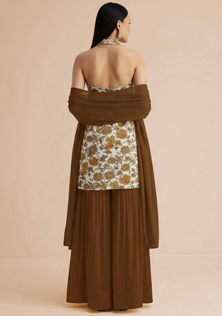 Camel Brown Embroidered Crepe Sharara Set - Indya