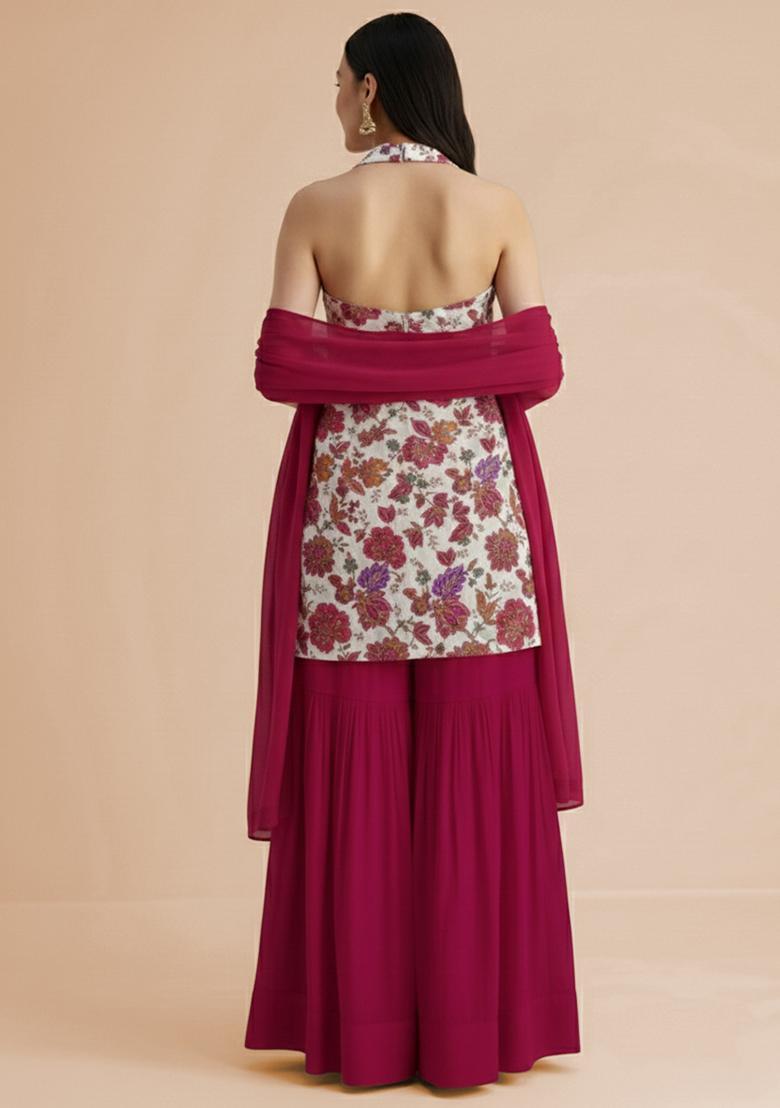 Rani Pink Embroidered Crepe Sharara Set - Indya