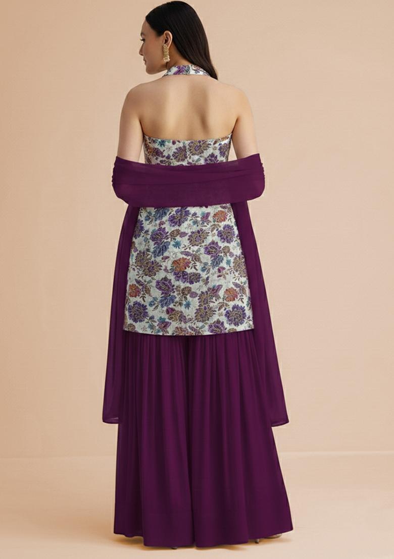 Purple Embroidered Crepe Sharara Set - Indya
