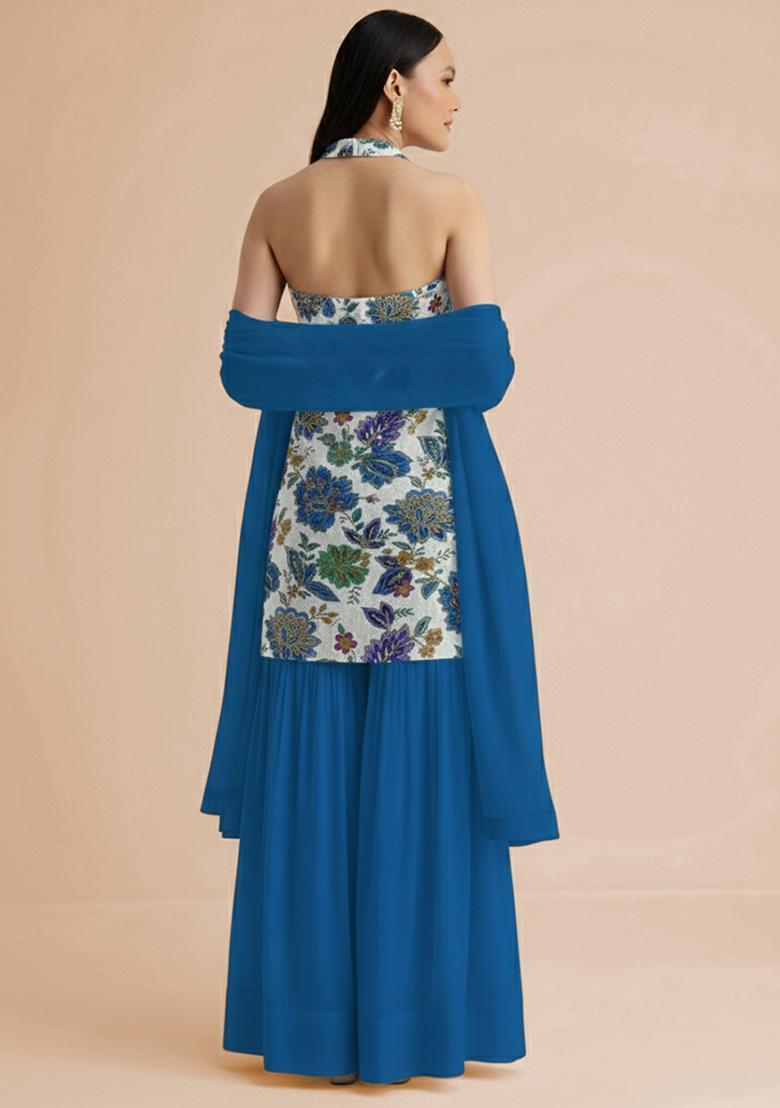 Royal Blue Embroidered Crepe Sharara Set - Indya