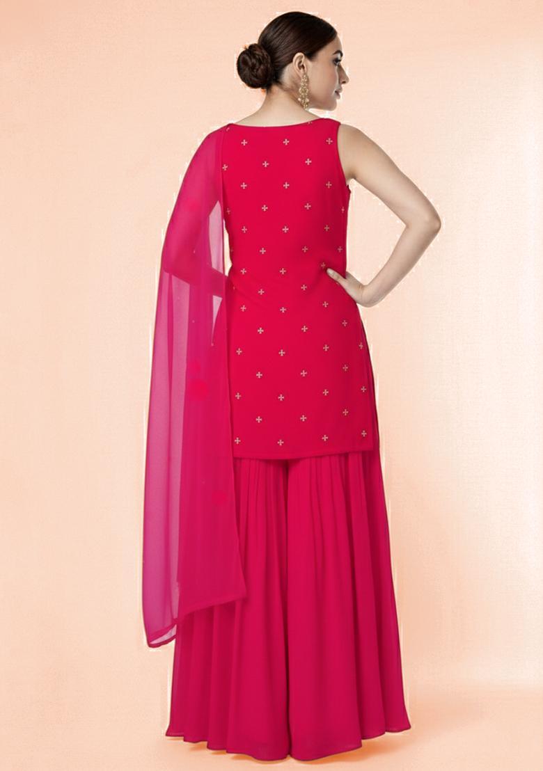 Rani Pink Embroidered Organza Sharara Set - Indya