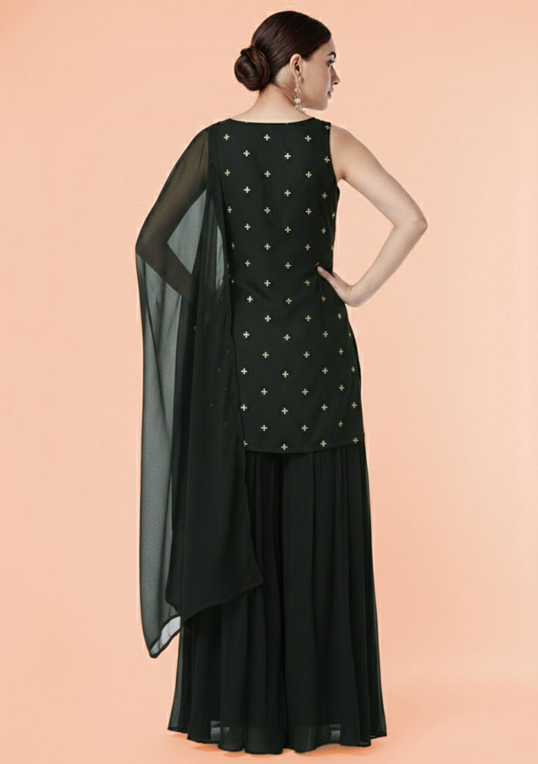 Black Embroidered Organza Sharara Set - Indya