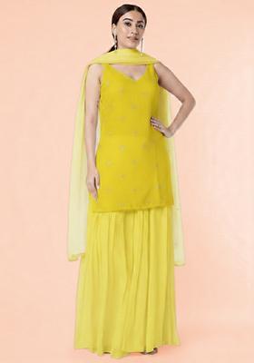 Yellow Embroidered Organza Sharara Set