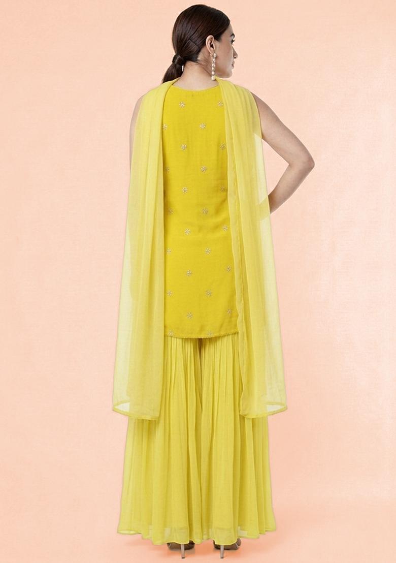 Yellow Embroidered Organza Sharara Set - Indya