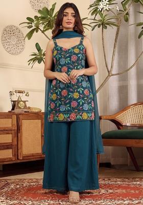 Teal Green Floral Print Crepe Kurta Set
