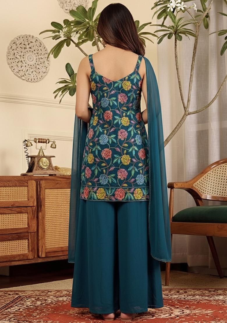 Teal Green Floral Print Crepe Kurta Set - Indya