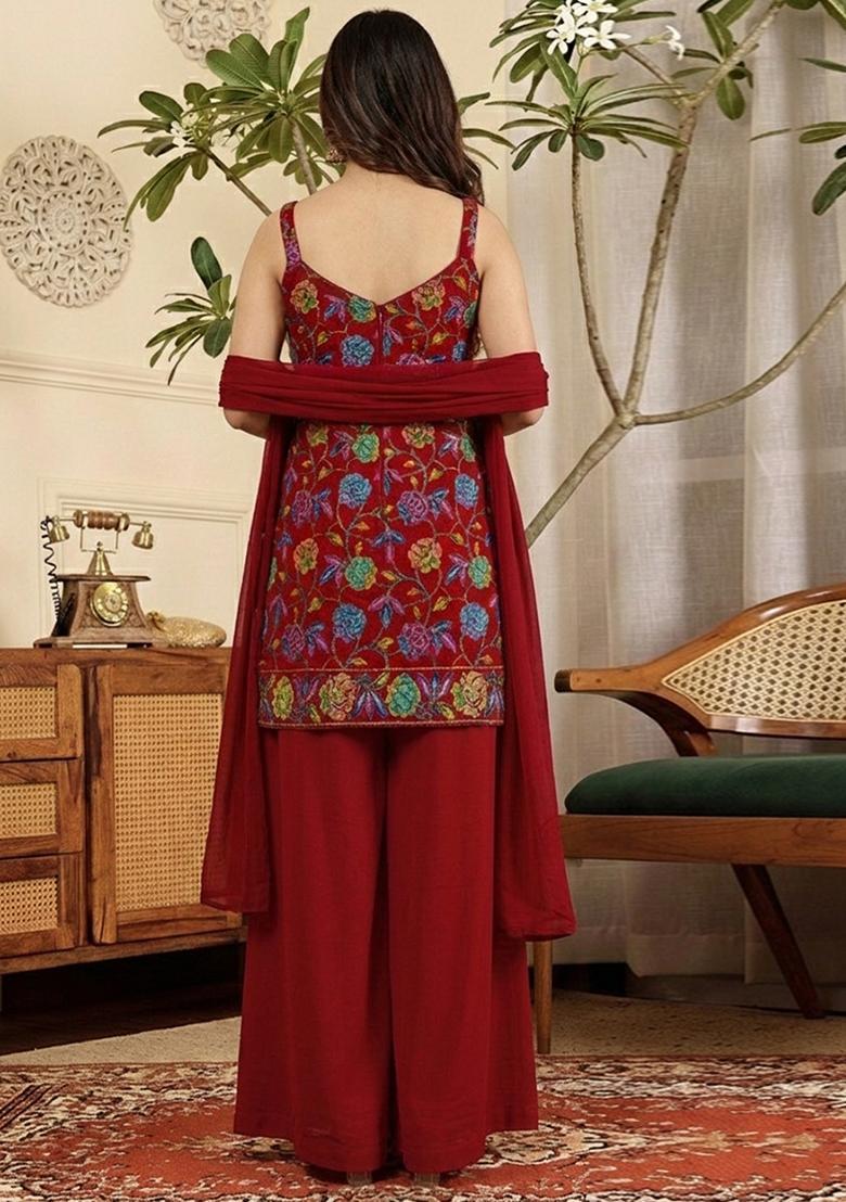 Deep Red Floral Print Crepe Kurta Set - Indya