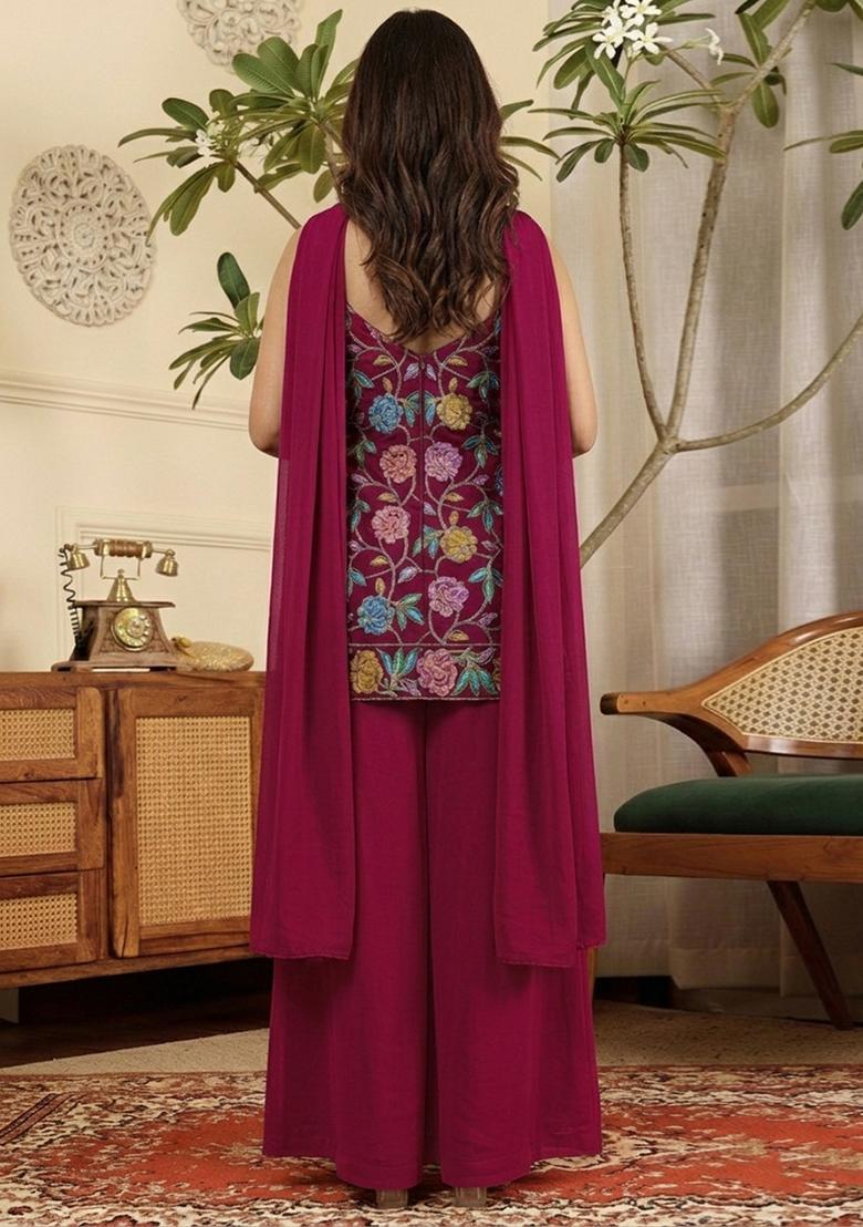 Rani Pink Floral Print Crepe Kurta Set - Indya