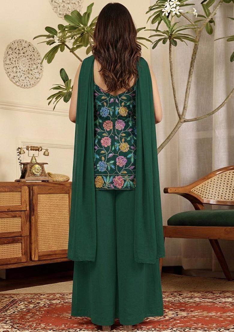 Bottle Green Floral Print Crepe Kurta Set - Indya