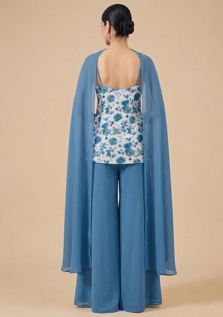 Steel Blue Floral Print Crepe Sharara Set - Indya