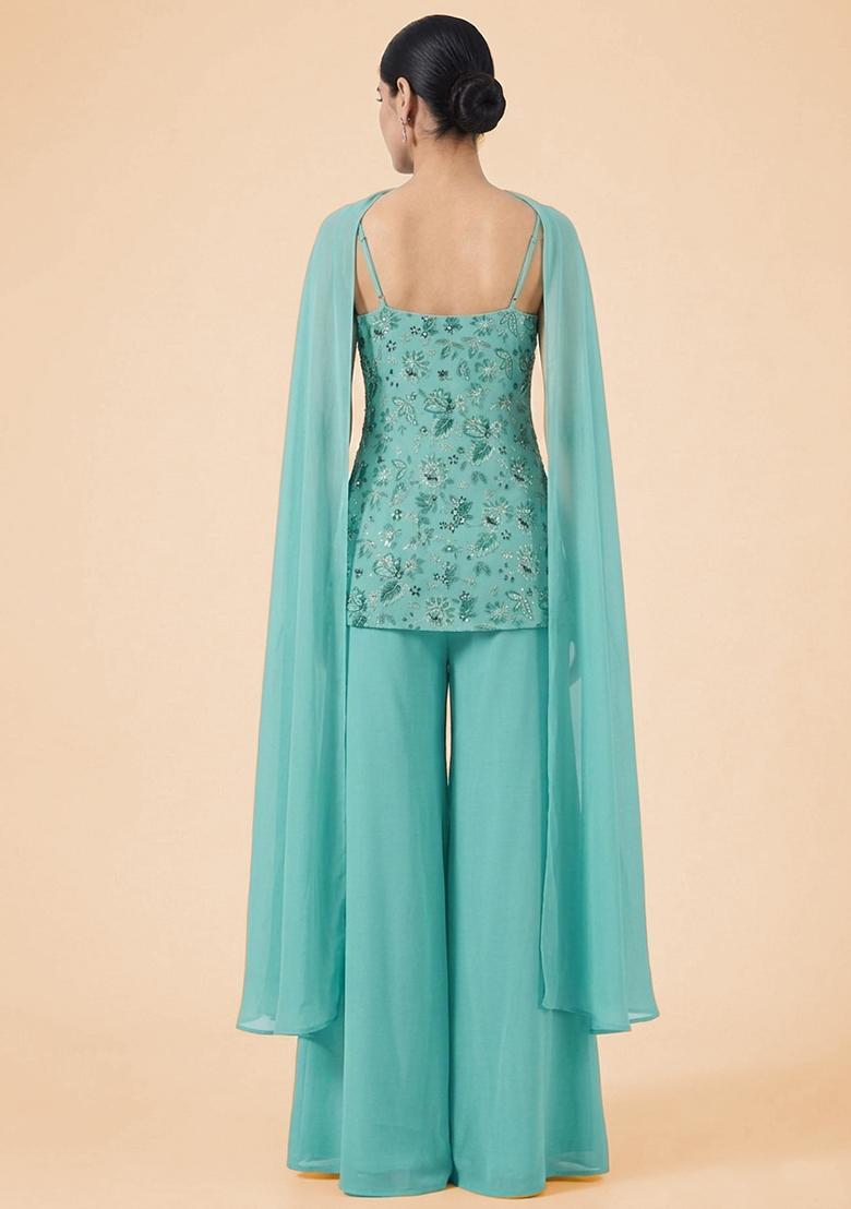 Sky Blue Floral Print Crepe Sharara Set - Indya