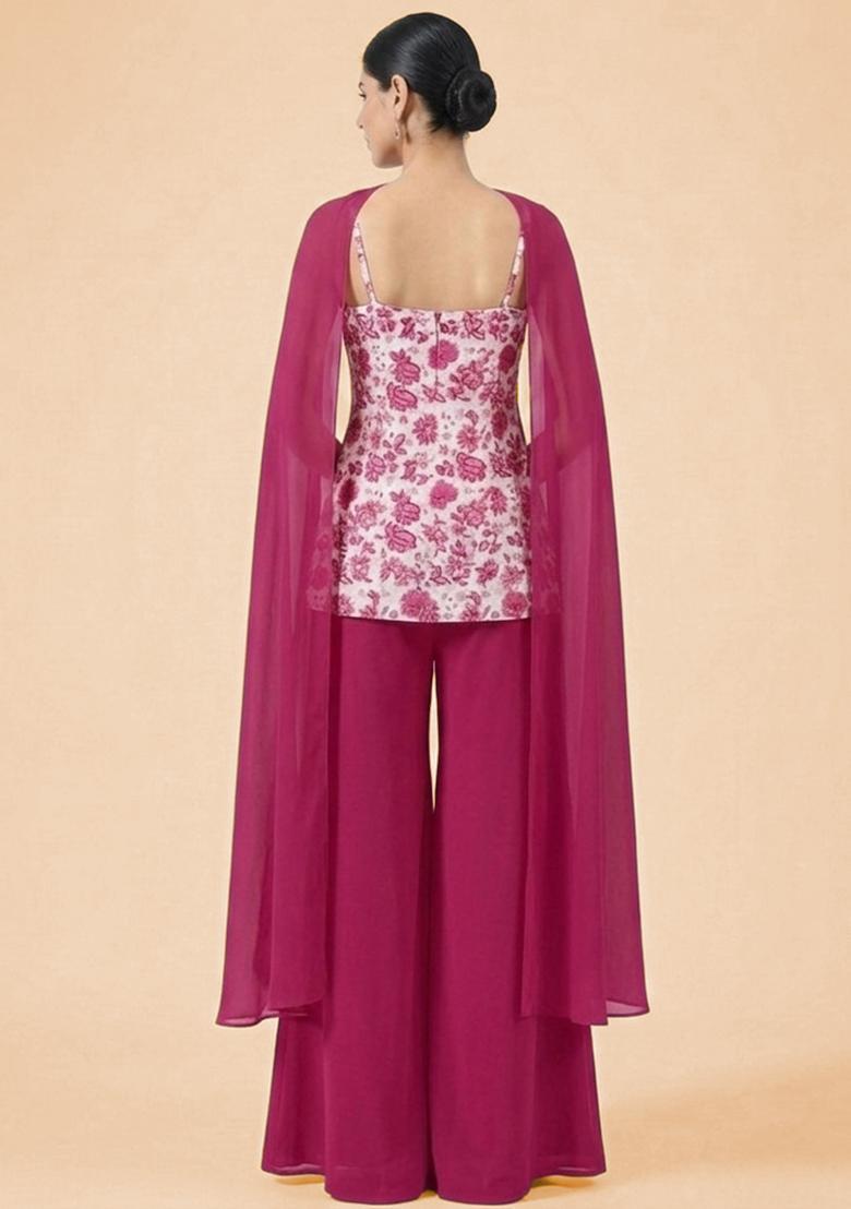 Rani Pink Floral Print Crepe Sharara Set - Indya