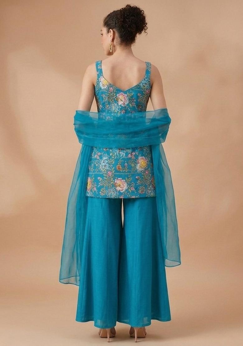 Aqua Blue Floral Print Crepe Sharara Set - Indya