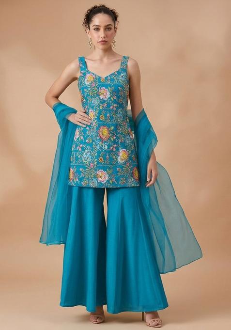 Aqua Blue Floral Print Crepe Sharara Set