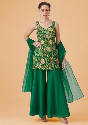 Bottle Green Floral Print Crepe Sharara Set