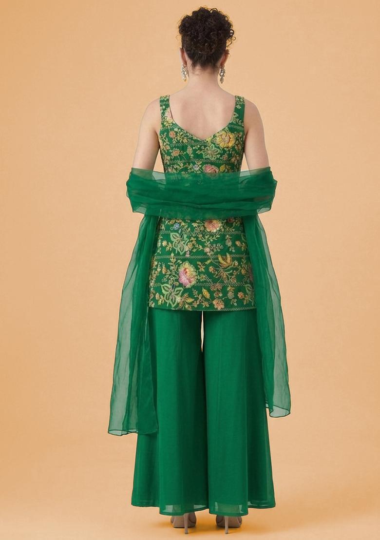 Bottle Green Floral Print Crepe Sharara Set - Indya