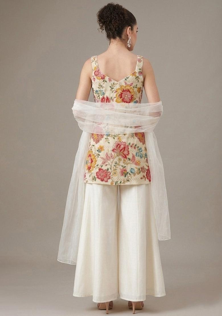 Cream Floral Print Crepe Sharara Set - Indya