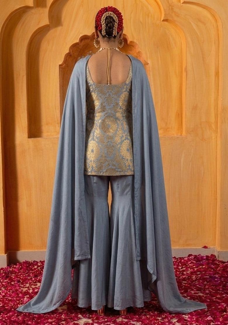 Slate Grey Brocade Sharara Set - Indya