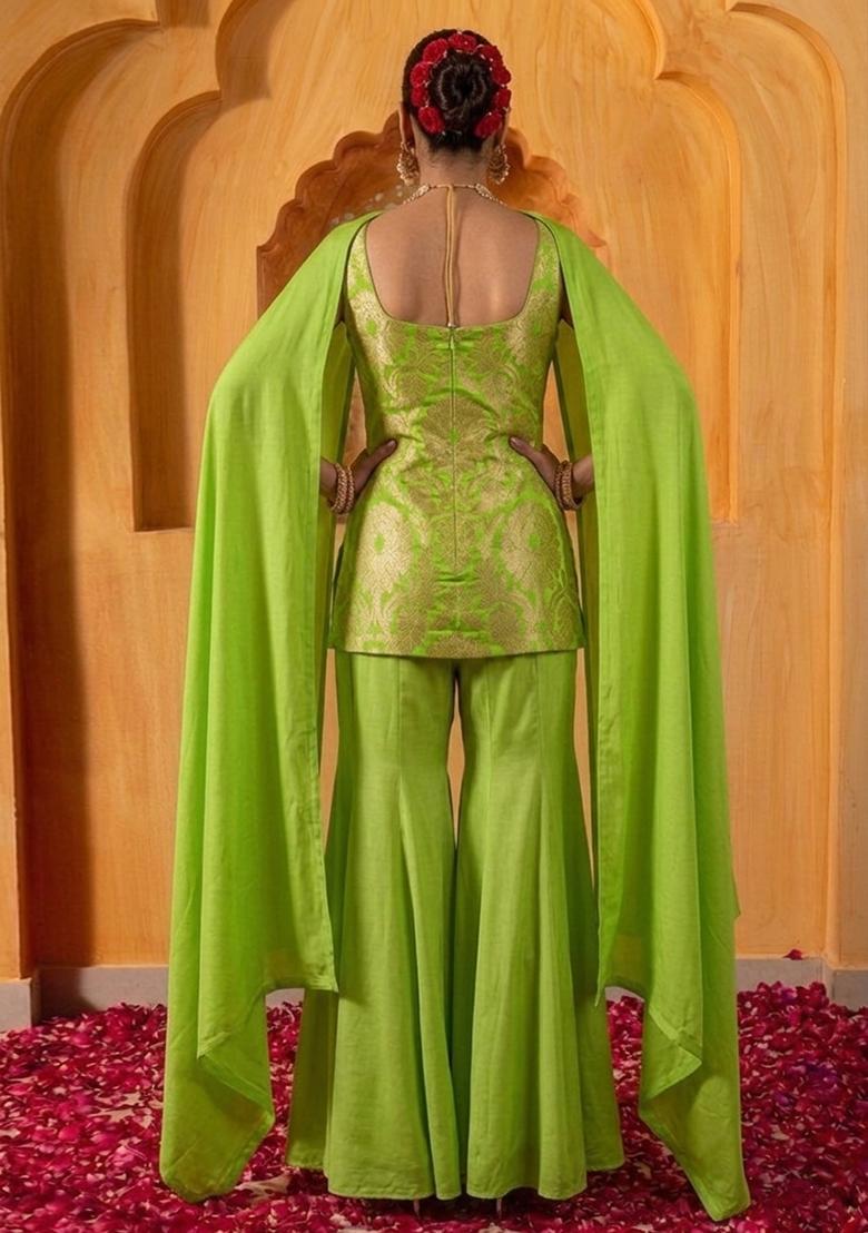 Olive Green Brocade Sharara Set - Indya
