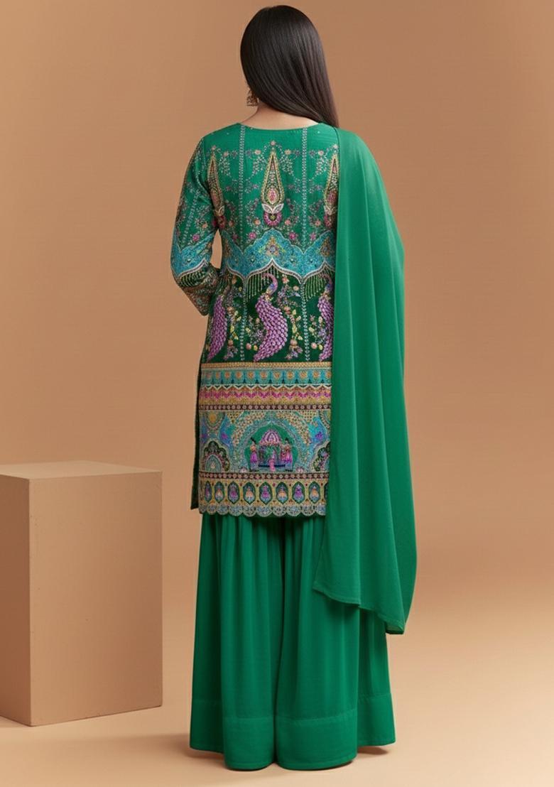 Emerald Green Figure Print Crepe Sharara Set - Indya