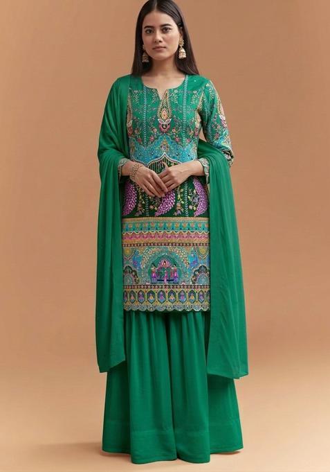 Emerald Green Figure Print Crepe Sharara Set