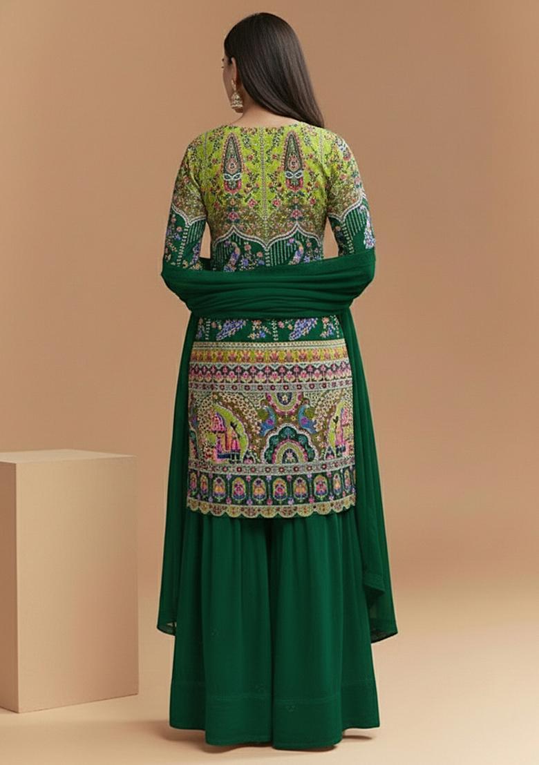 Bottle Green Figure Print Crepe Sharara Set - Indya