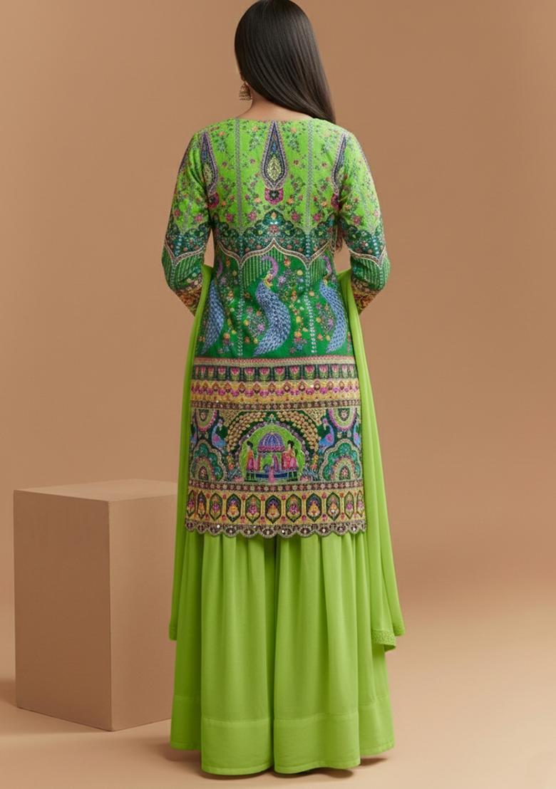 Lime Green Figure Print Crepe Sharara Set - Indya