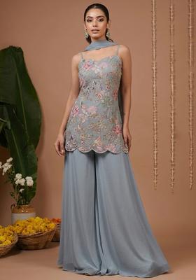 Powder Blue Floral Print Crepe Sharara Set