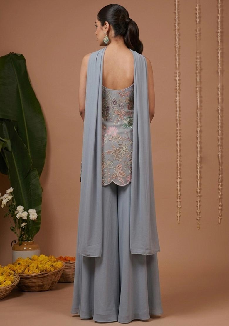 Powder Blue Floral Print Crepe Sharara Set - Indya