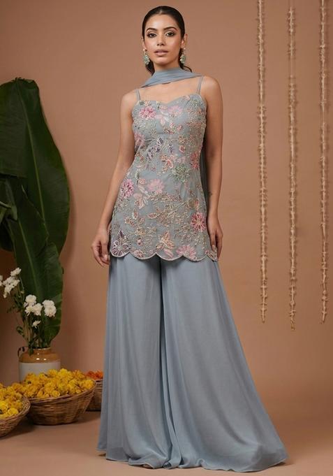 Powder Blue Floral Print Crepe Sharara Set