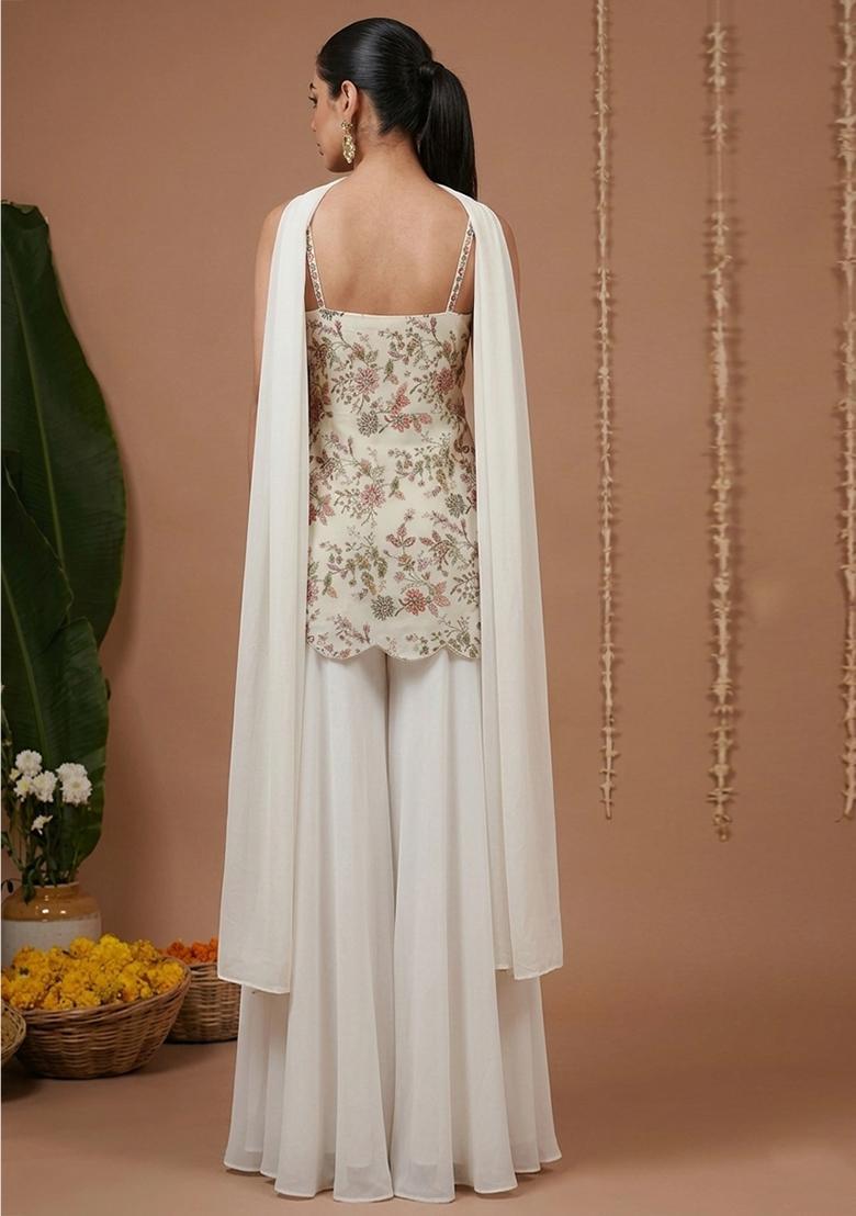 White Floral Print Crepe Sharara Set - Indya