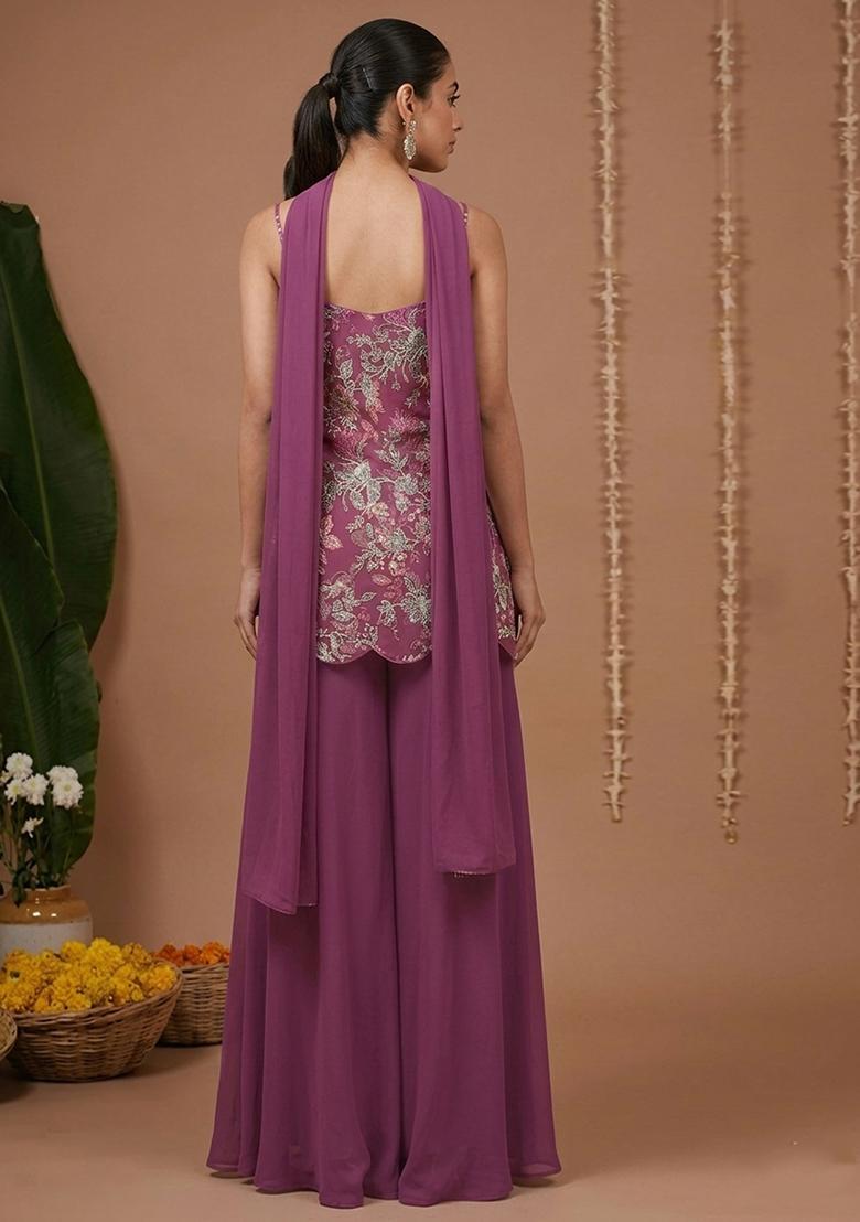 Purple Floral Print Crepe Sharara Set - Indya