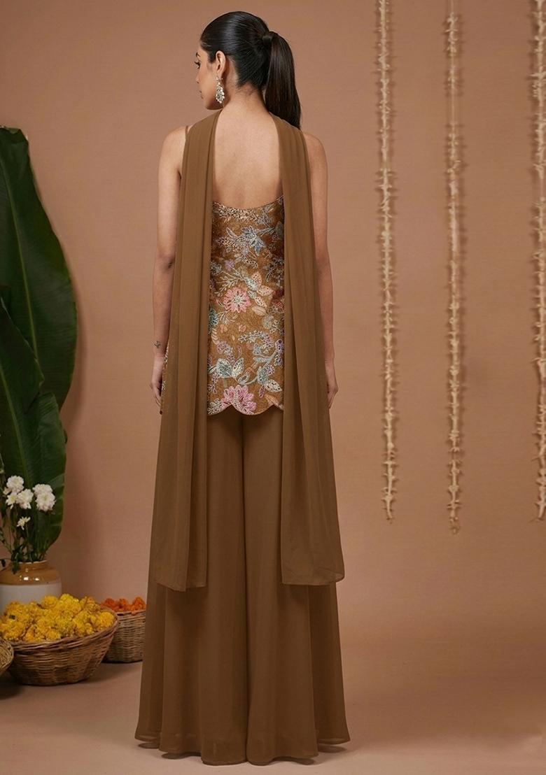 Brown Floral Print Crepe Sharara Set - Indya