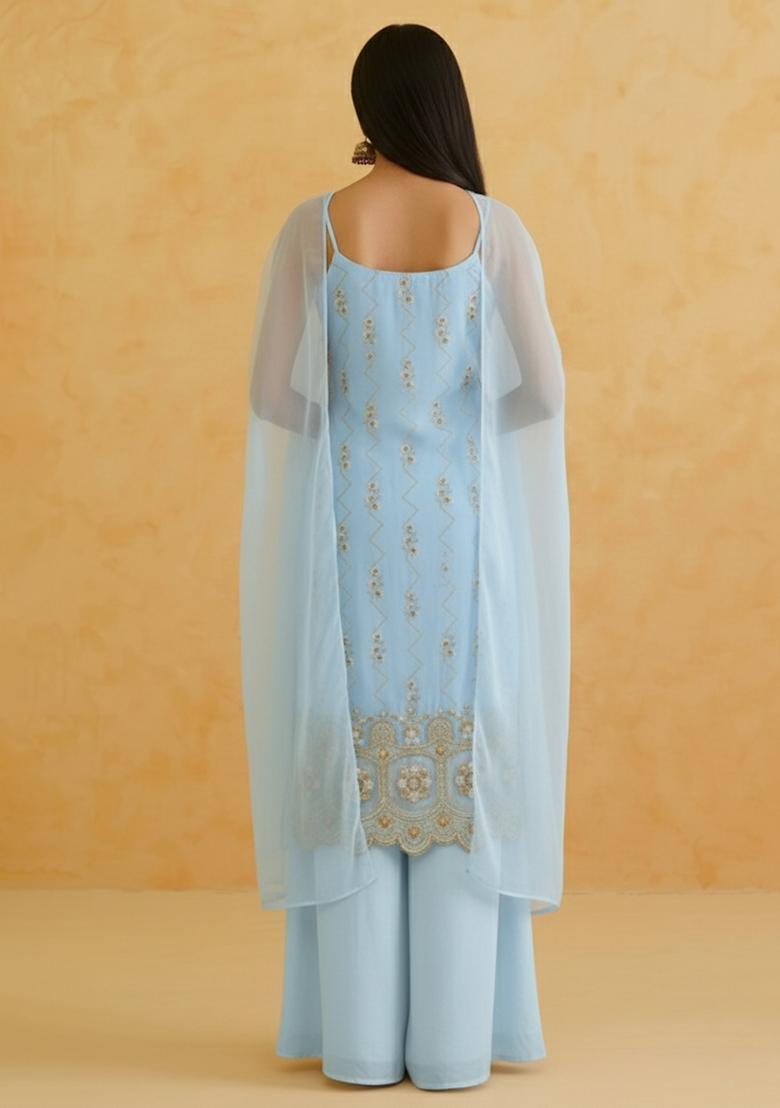 Ice Blue Embroidered Crepe Sharara Set - Indya