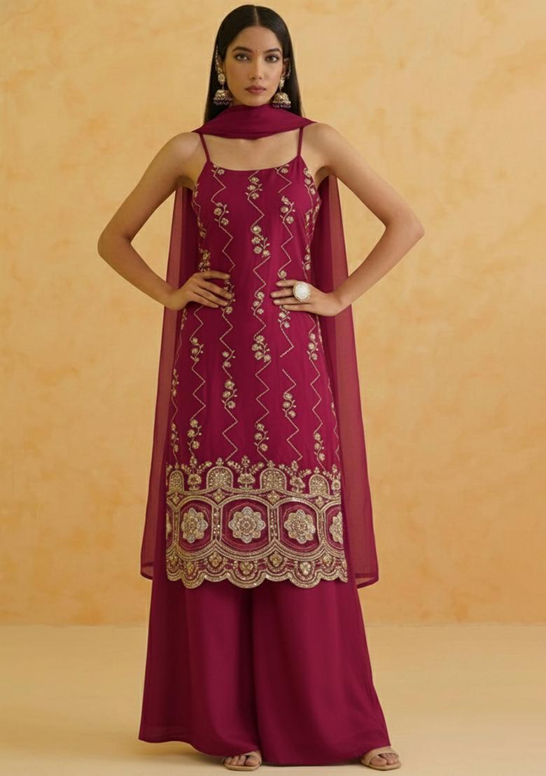 Magenta Embroidered Crepe Sharara Set - Indya