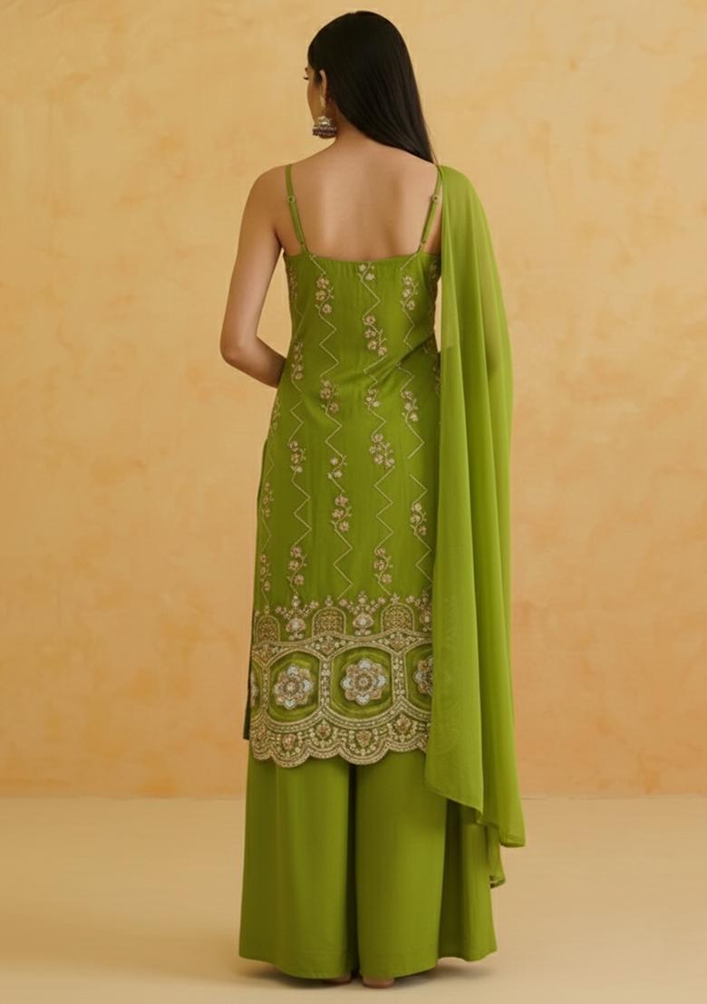 Green Embroidered Crepe Sharara Set - Indya