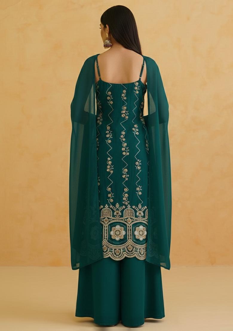 Dark Green Embroidered Crepe Sharara Set - Indya