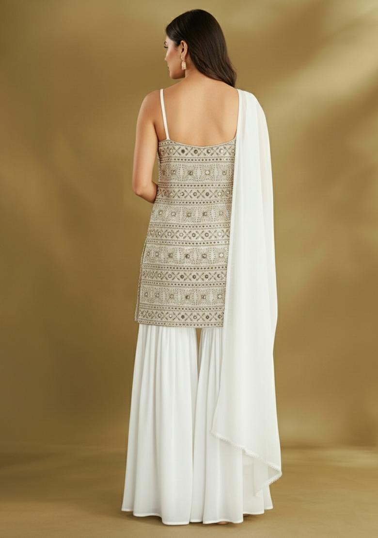 Off White Embroidered Georgette Sharara Set - Indya