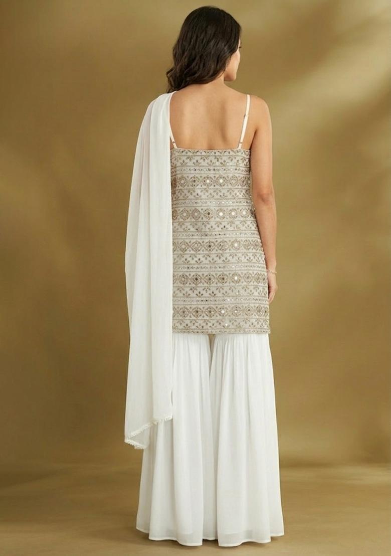 Ivory Embroidered Georgette Sharara Set - Indya